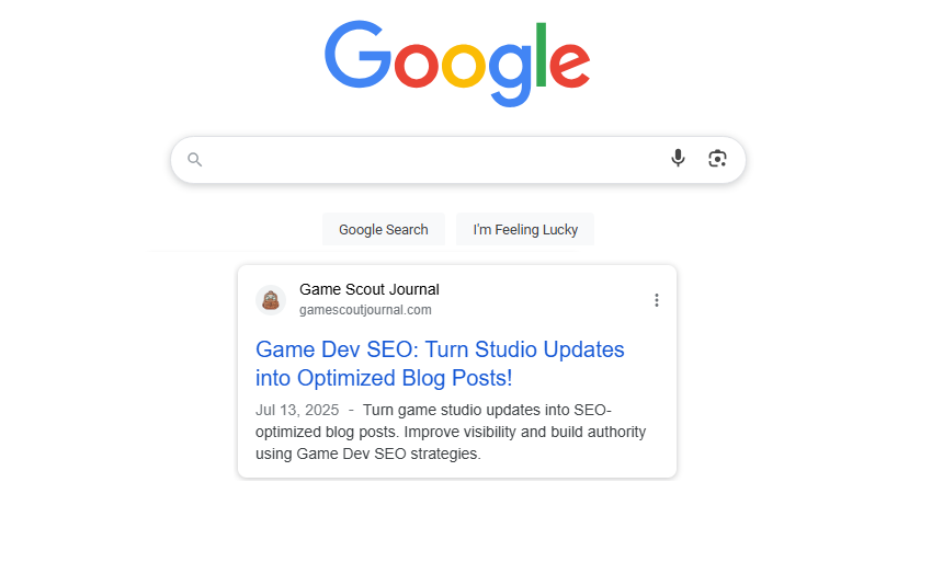 Game Dev SEO Optimization Google Result