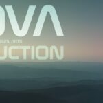 A futuristic promotional banner for "NOVA PRODUCTION," featuring the tagline "Next-Gen Outsourcing Visual Arts." The background shows a lone astronaut standing on a mountainous alien landscape at dusk, gazing into the distance. The text is styled in sleek, modern typography with a sci-fi aesthetic, blending seamlessly with the serene, cinematic environment.