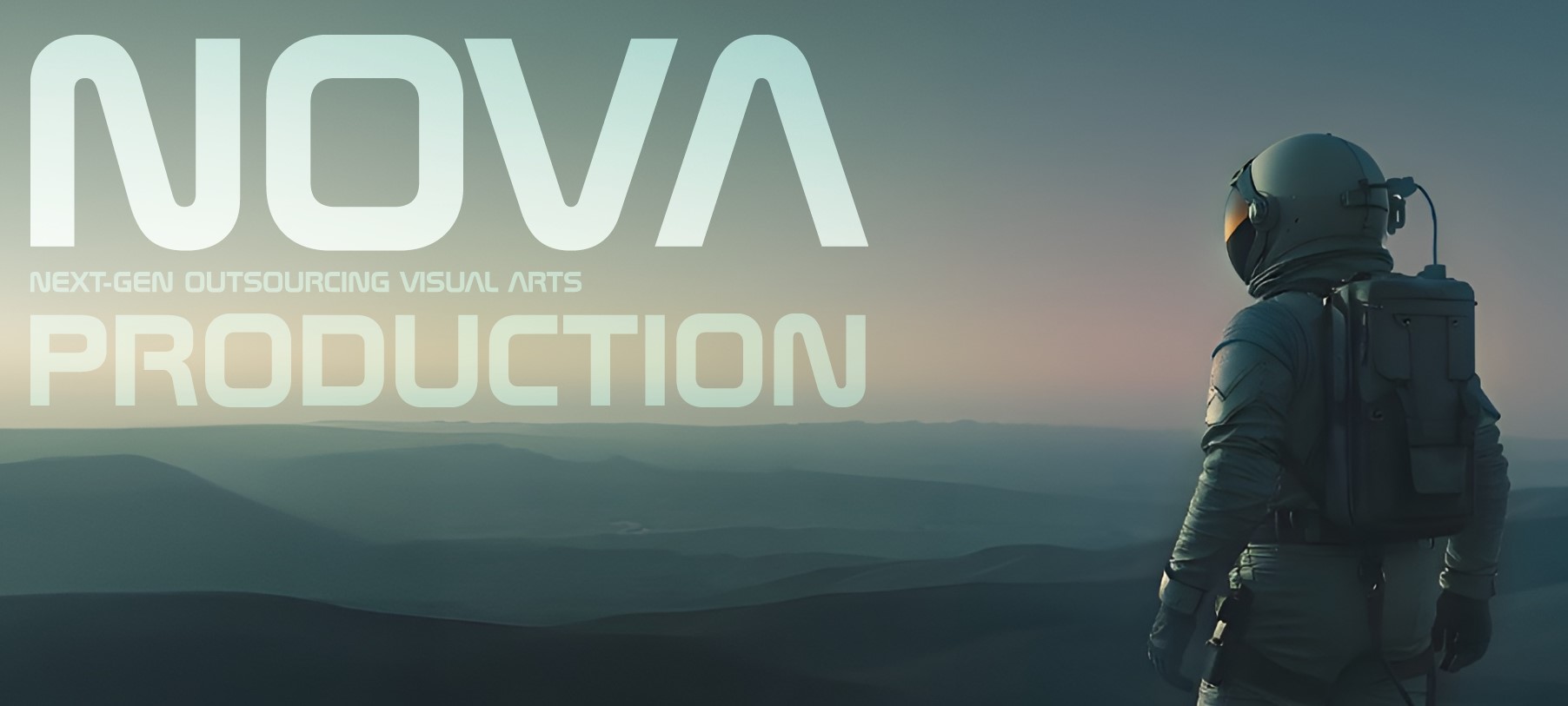 A futuristic promotional banner for "NOVA PRODUCTION," featuring the tagline "Next-Gen Outsourcing Visual Arts." The background shows a lone astronaut standing on a mountainous alien landscape at dusk, gazing into the distance. The text is styled in sleek, modern typography with a sci-fi aesthetic, blending seamlessly with the serene, cinematic environment.