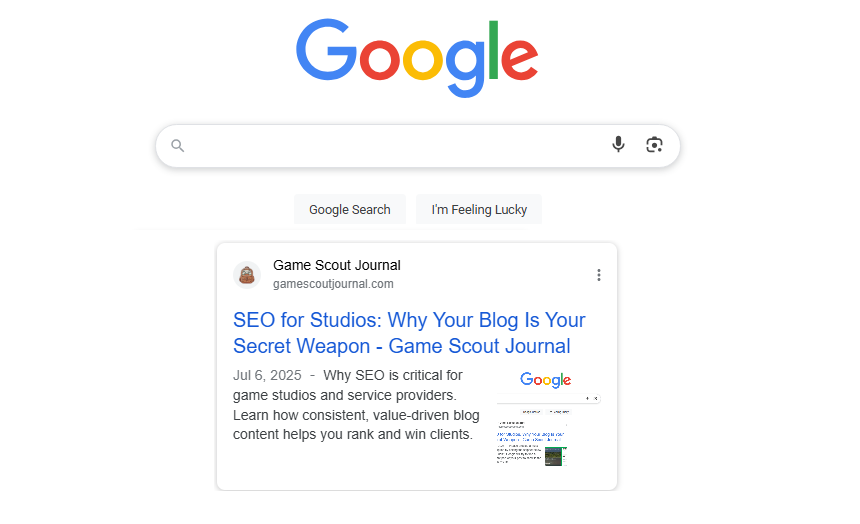 Google search preview of a blog post titled “SEO for Studios: Why Your Blog Is Your Secret Weapon” from Game Scout Journal,
