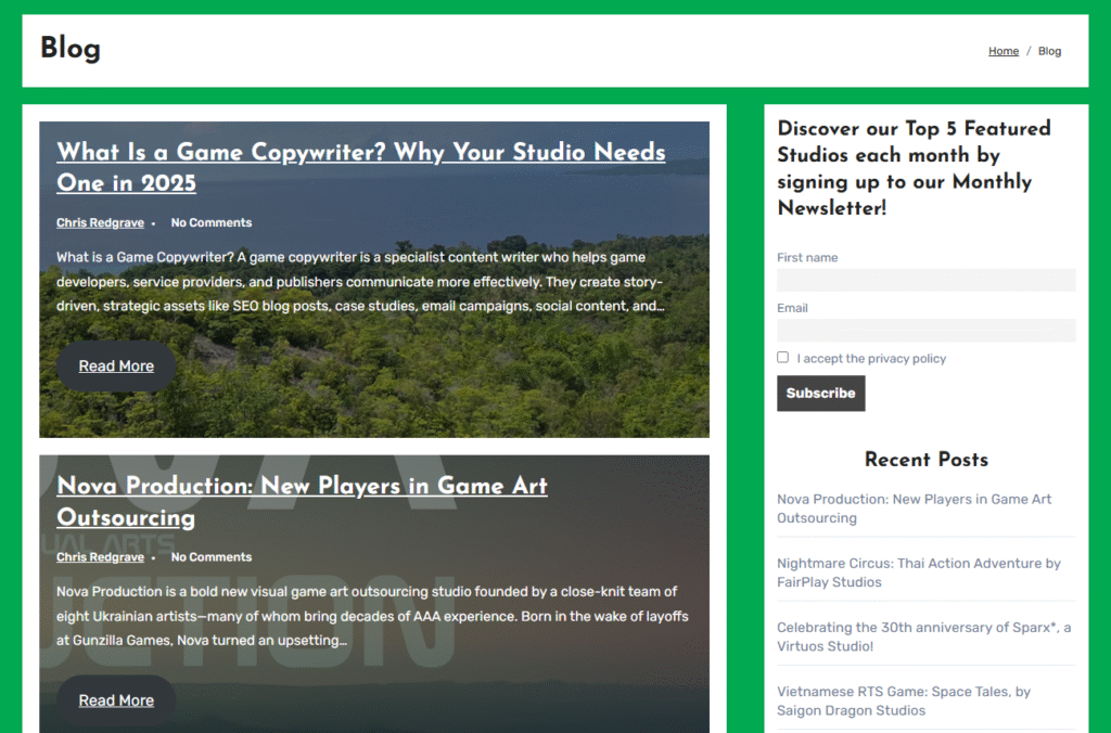 Game Studio Blog Layout Example – SEO and Content Strategy Screenshot of a game studio blog showing structured content, a call-to-action newsletter signup, and SEO-friendly article previews. Features topics like game copywriting and outsourcing case studies—ideal for demonstrating the impact of consistent blog content on search visibility.